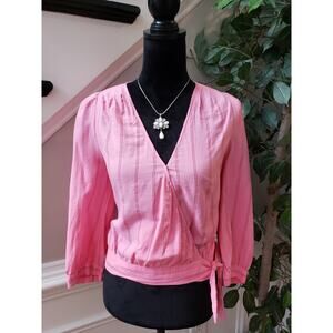 Madewell Blouse Top Women's M Pink Cecilia Striped Pleated Tie Hem Long Sleeve